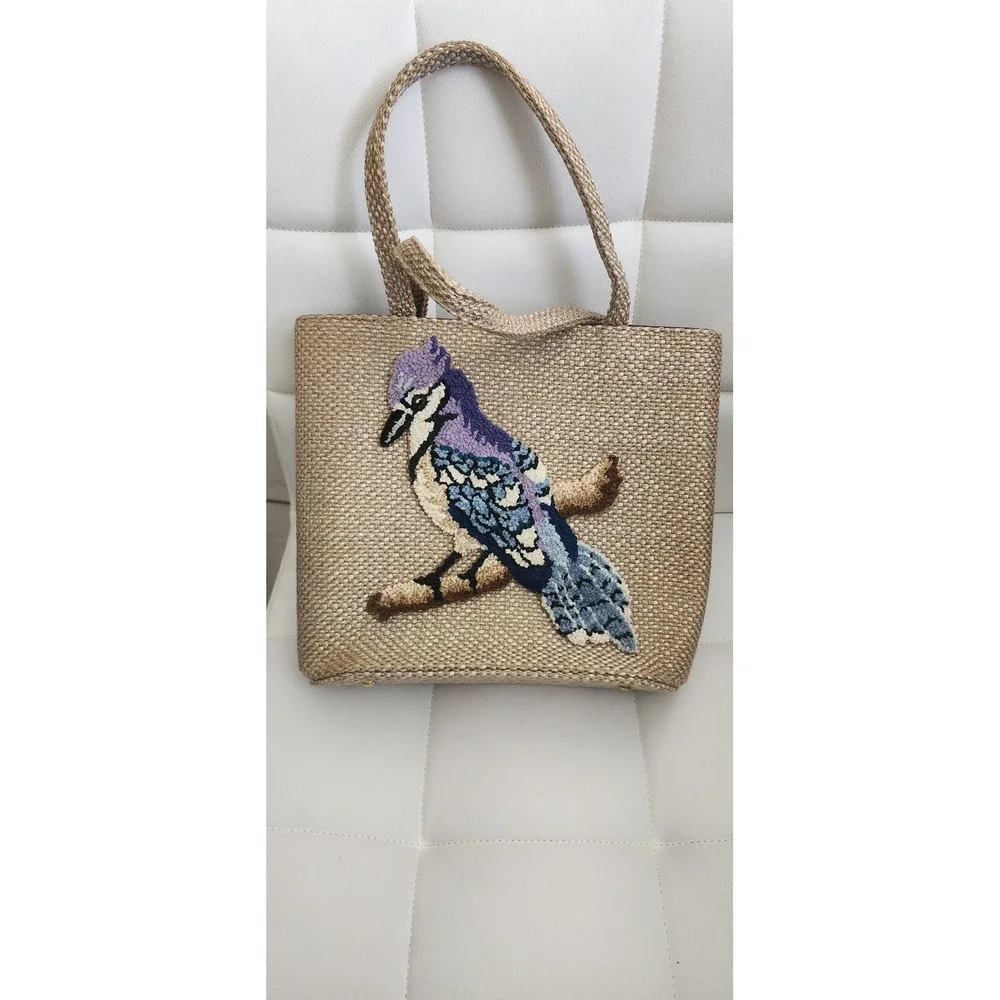Vintage JR‎ Florida USA Woven Straw Blue Jay Bird Needlepoint Tote Handbag Tan